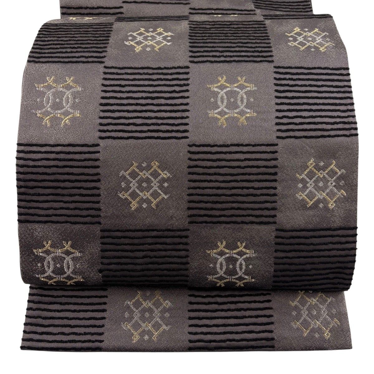 【美品】 袋帯 秀品 変わり市松 幾何学模様 箔 濃紫 六通 正絹 【中古】