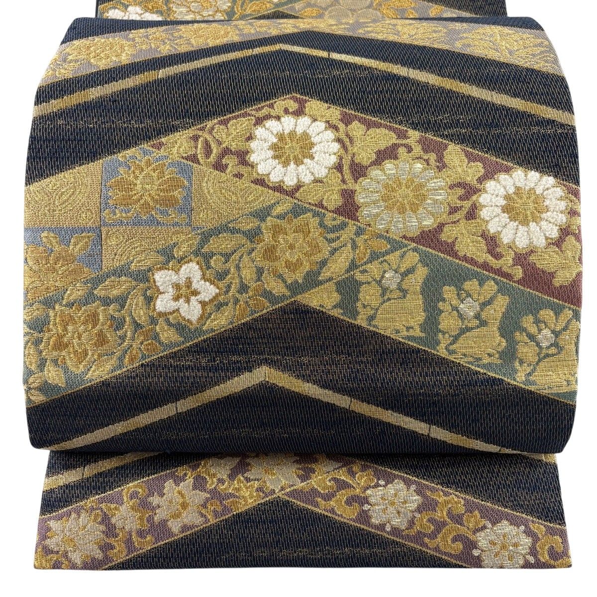 【美品】 袋帯 秀品 菊 花兎 金糸 刺繍 濃紺 お太鼓柄 正絹 【中古】