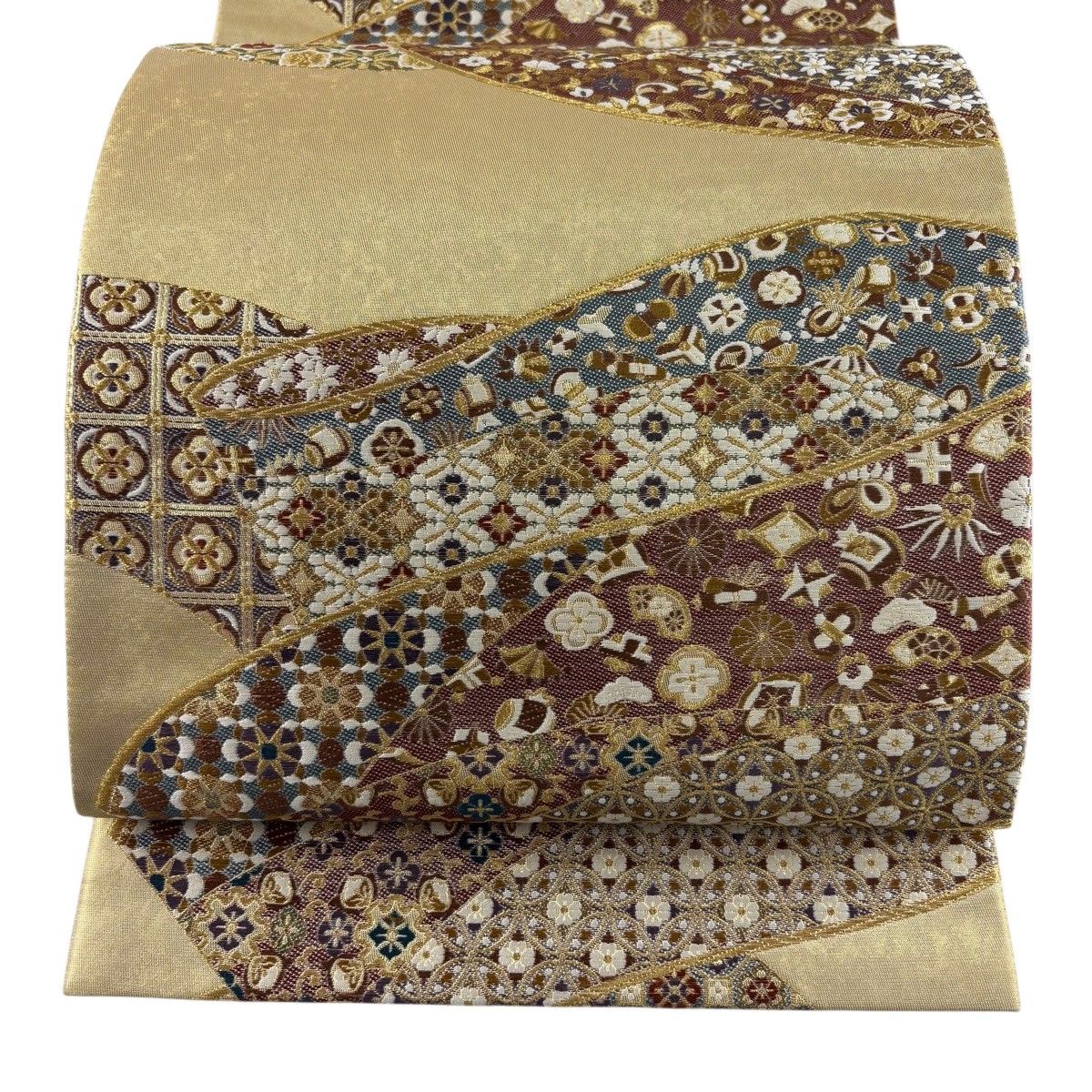 【美品】 袋帯 秀品 宝尽くし 花唐草 唐織 箔 金色 六通 正絹 【中古】