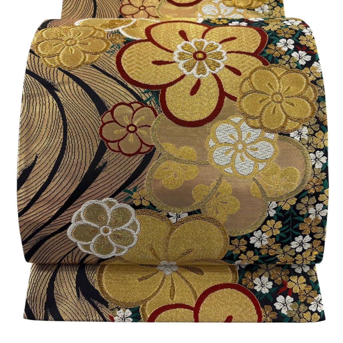 【美品】 袋帯 秀品 梅 流水 箔 唐織 黒 六通 正絹 【中古】