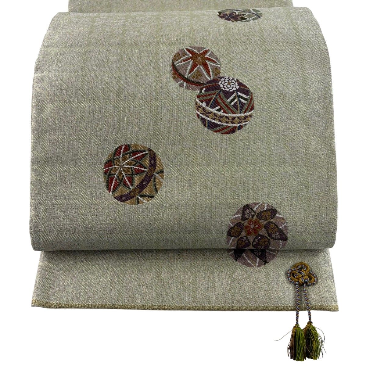 【美品】 袋帯 秀品 手鞠 花 金糸 唐織 薄緑 お太鼓柄 正絹 【中古】
