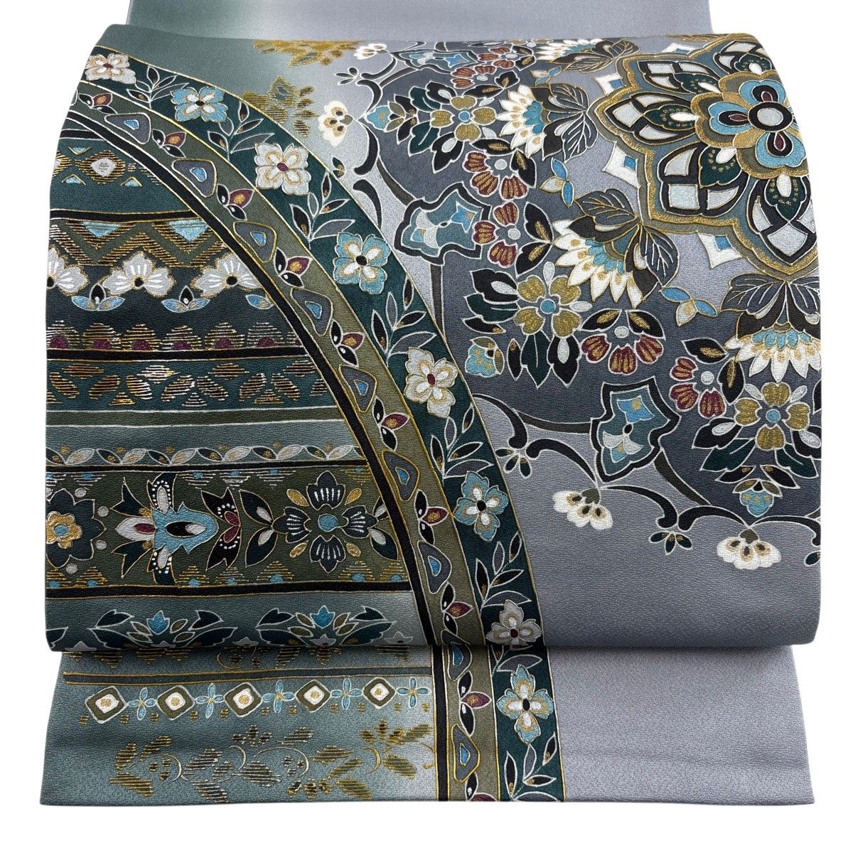 【美品】 袋帯 秀品 華文 花唐草 金銀彩 ぼかし 灰緑 お太鼓柄 正絹 【中古】