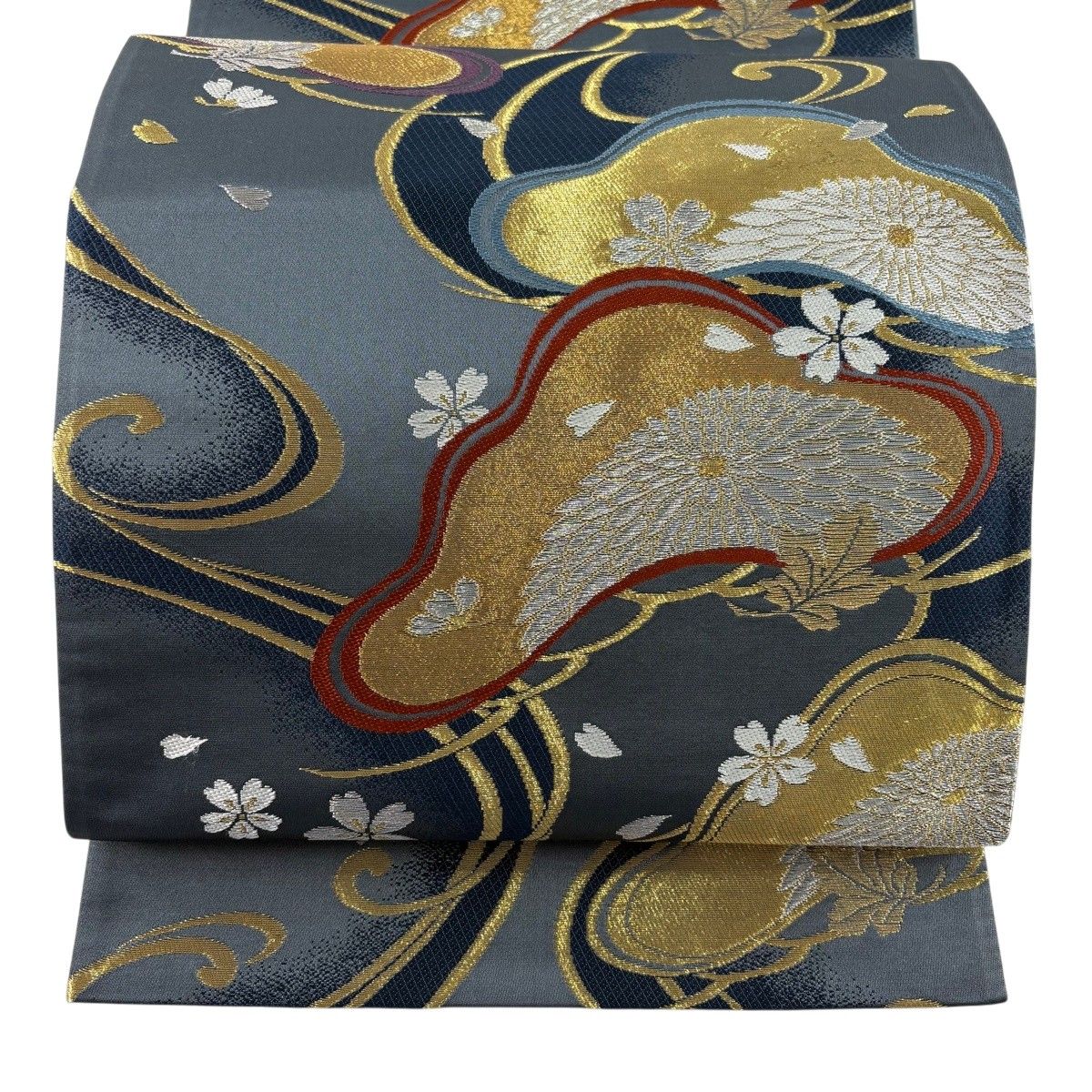【美品】 袋帯 秀品 菊 桜 箔 唐織 青灰色 六通 正絹 【中古】 6,864円