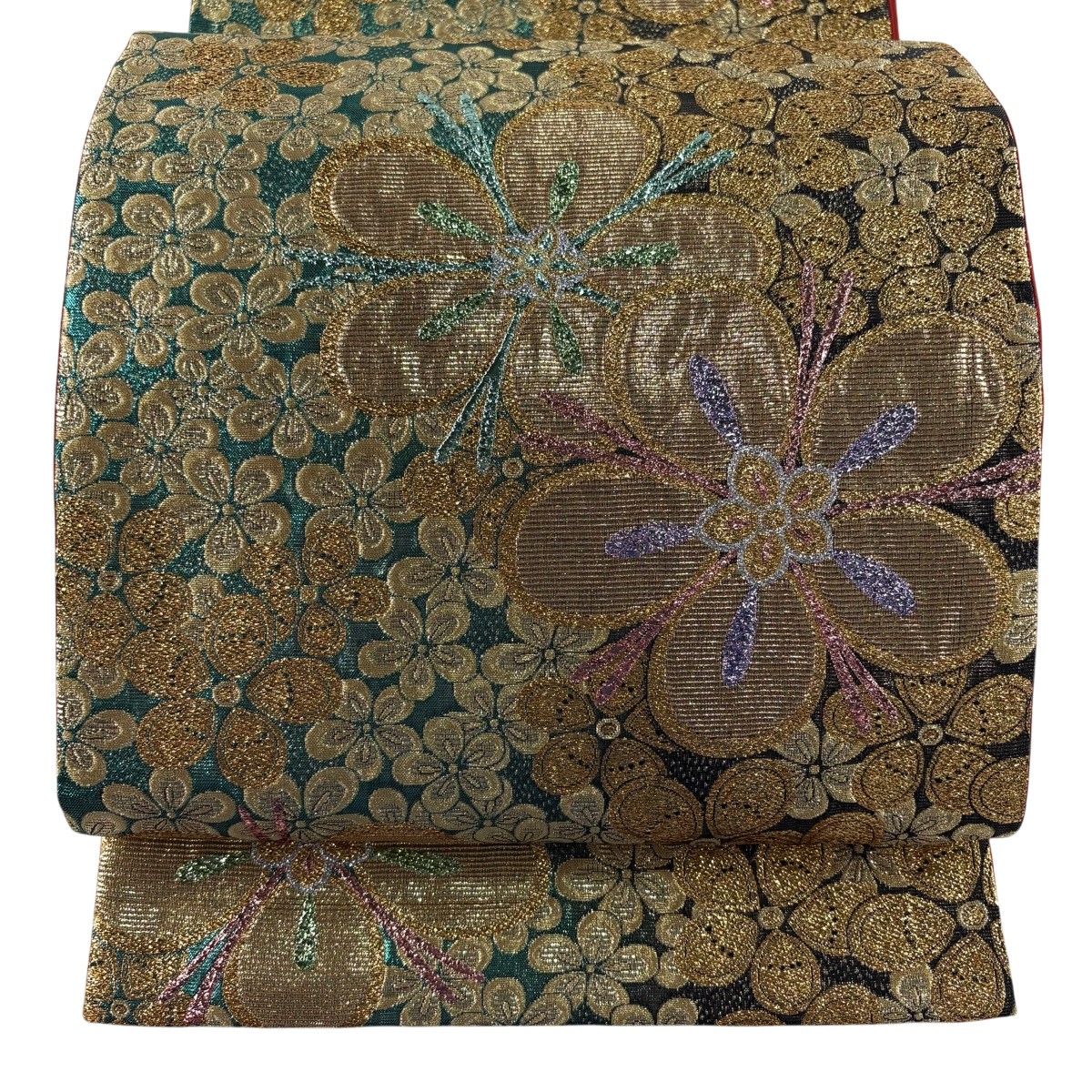 【美品】 袋帯 秀品 梅 箔 緑 六通 正絹 【中古】