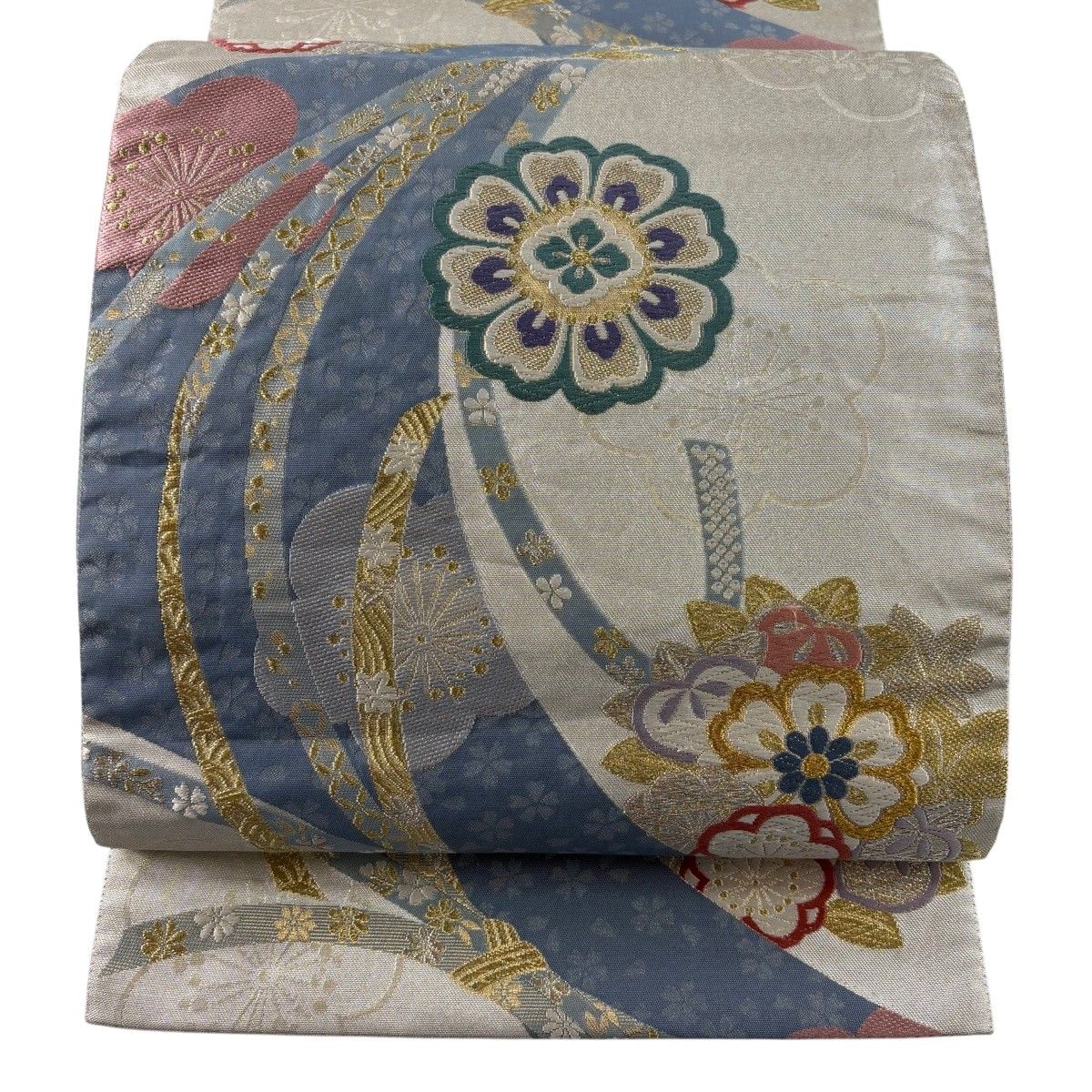 【美品】 袋帯 秀品 束熨斗 華文 金銀糸 唐織 青灰色 六通 正絹 【中古】