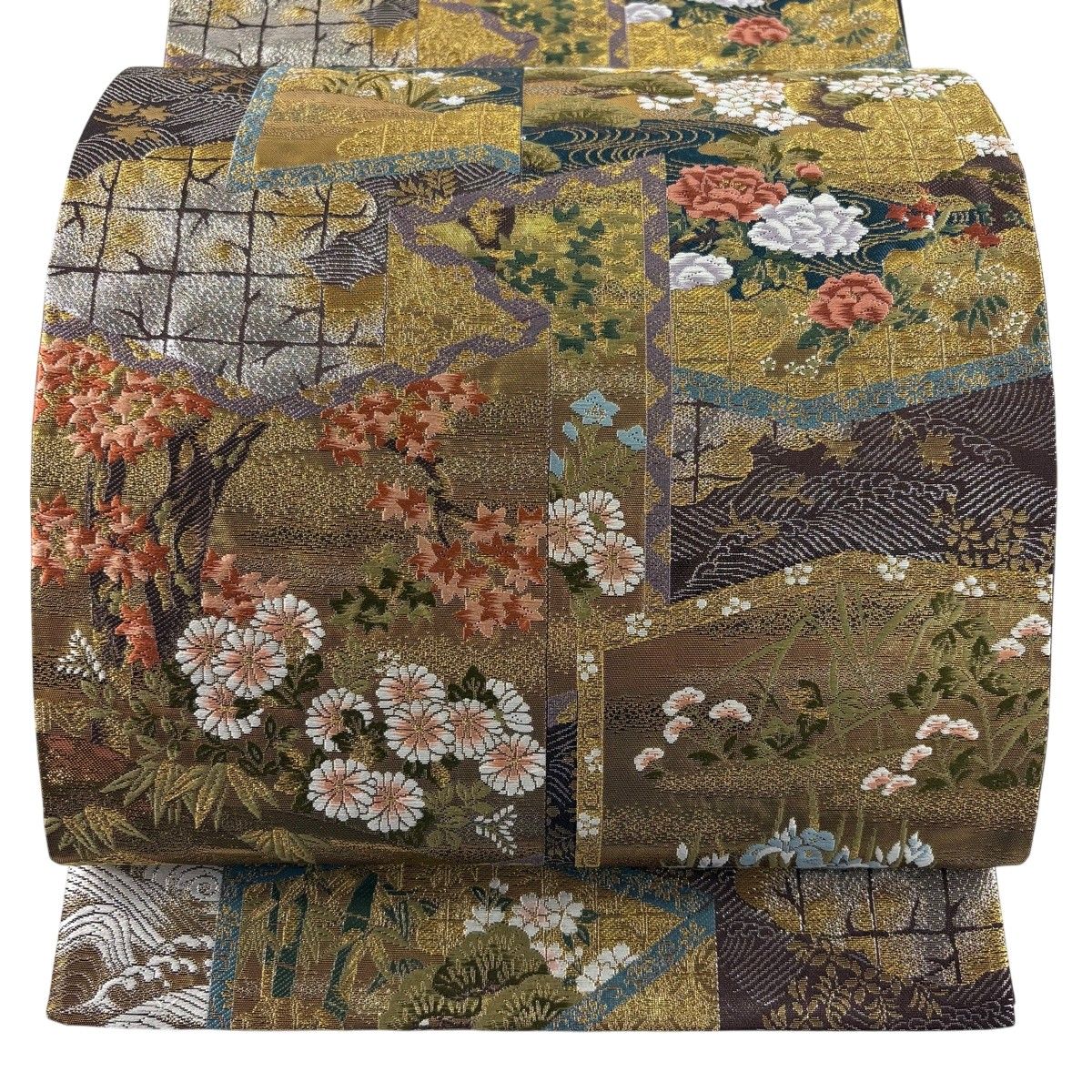 【美品】 袋帯 秀品 屏風 草花 箔 唐織 茶紫 六通 正絹 【中古】
