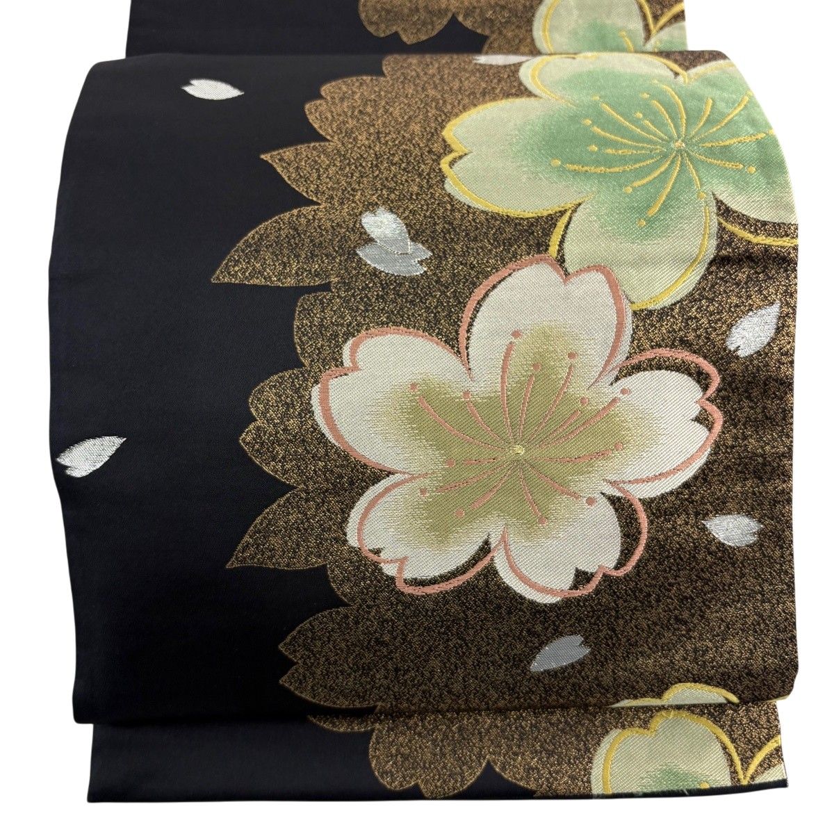 袋帯 秀品 桜 花びら 箔 金糸 黒 六通 正絹 【中古】