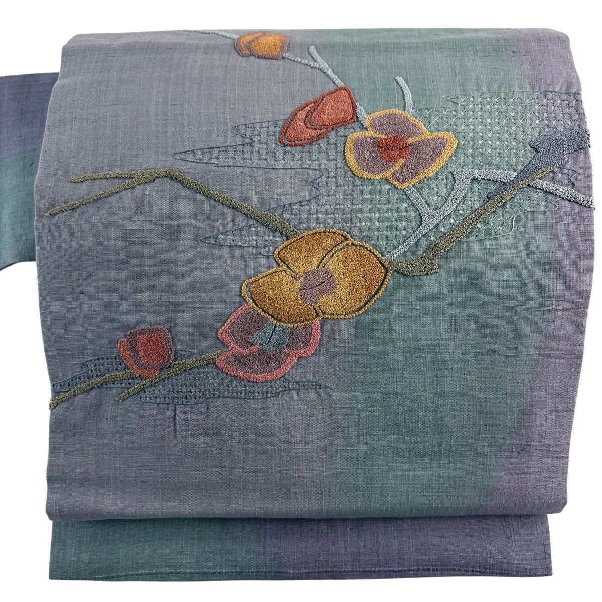 名古屋帯 秀品 紬地 関西仕立て 枝花 相良刺繍 灰紫 正絹 【中古】