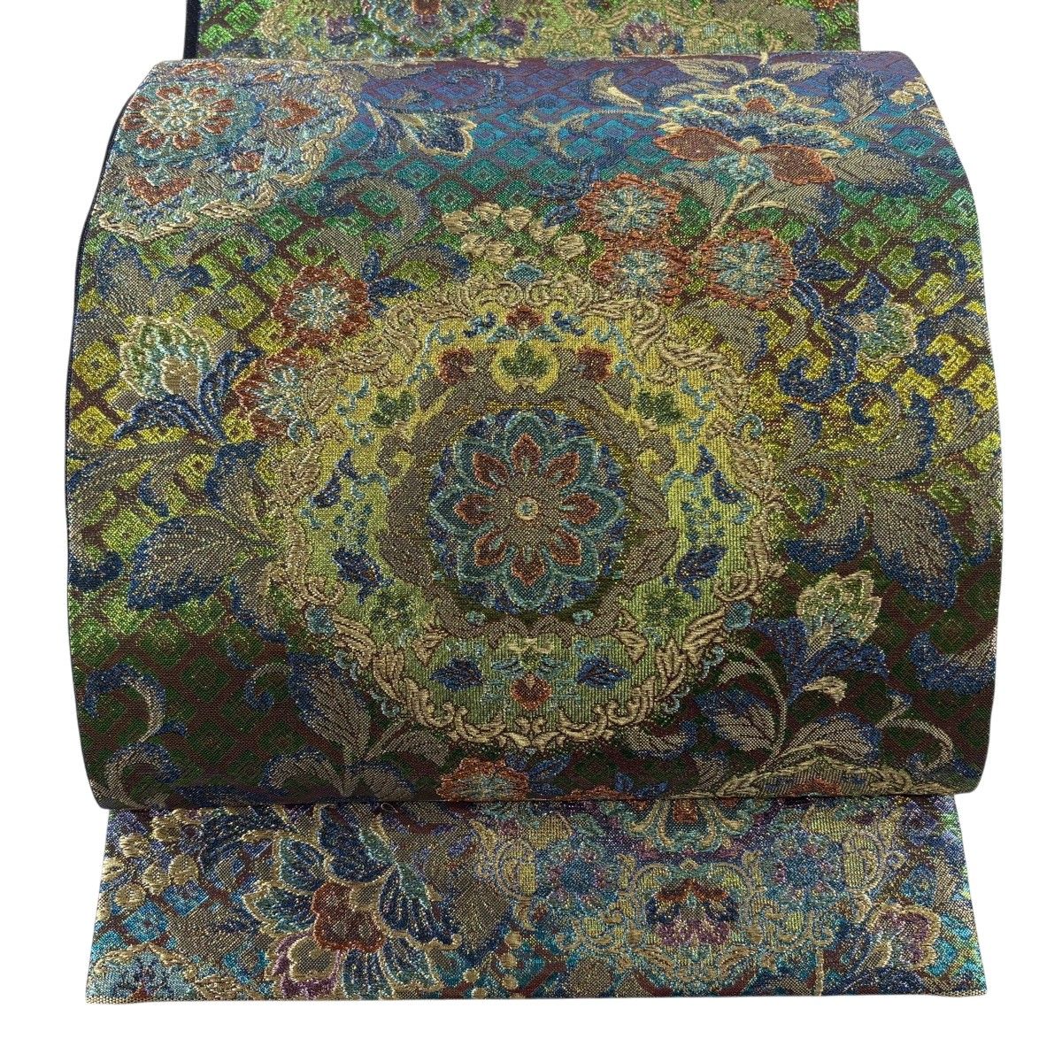 【美品】 袋帯 秀品 華文 菱 箔 緑 六通 正絹 【中古】
