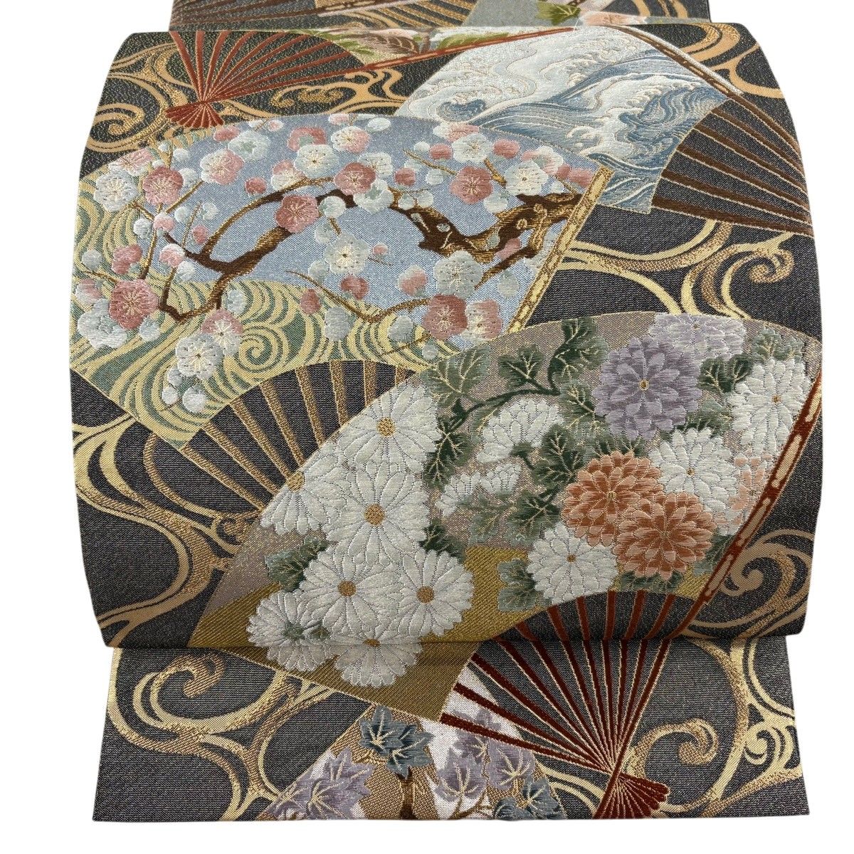 【美品】 袋帯 秀品 鈴乃屋 扇 草花 金糸 箔 墨色 六通 正絹 【中古】