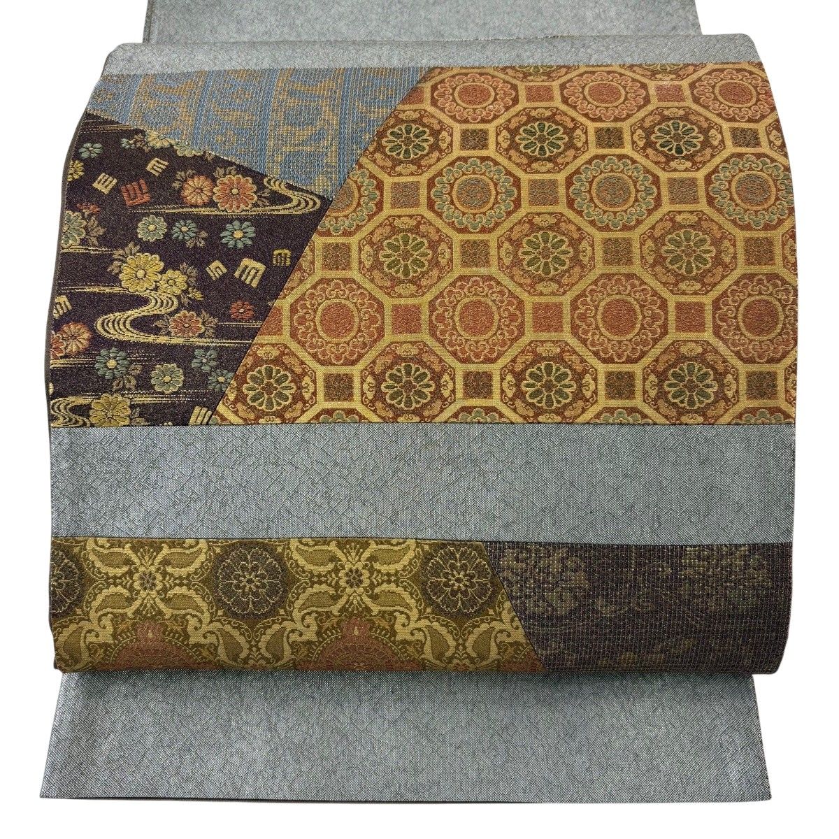 【美品】 袋帯 秀品 華文 蜀江文 金糸 箔 灰色 お太鼓柄 正絹 【中古】