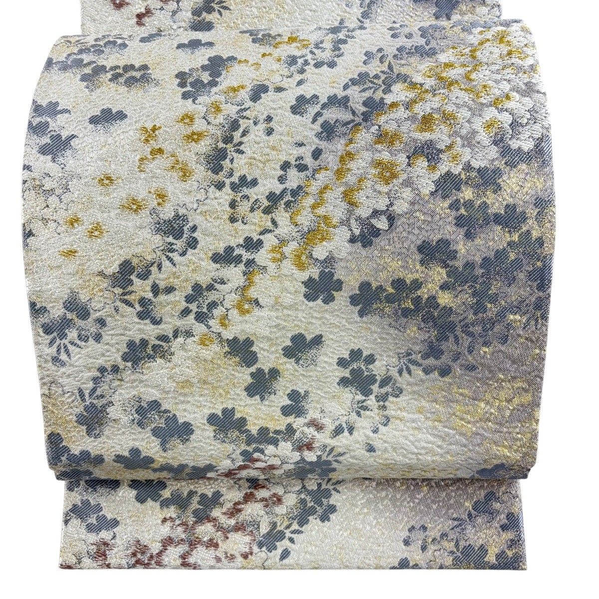 【美品】 袋帯 秀品 桜 金銀糸 箔 青灰色 六通 正絹 【中古】