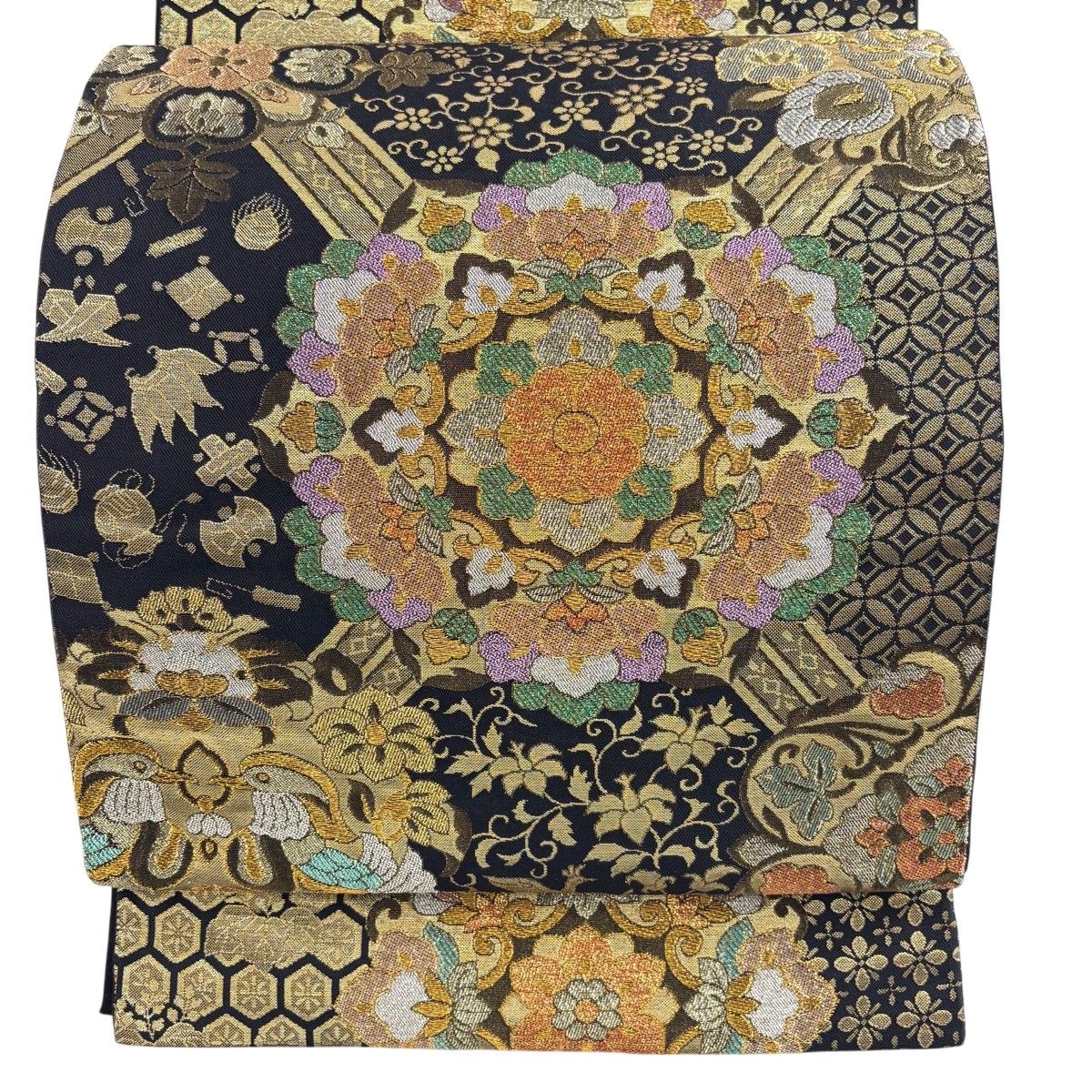 【美品】 袋帯 秀品 華文 向鳥 金糸 箔 黒 六通 正絹 【中古】