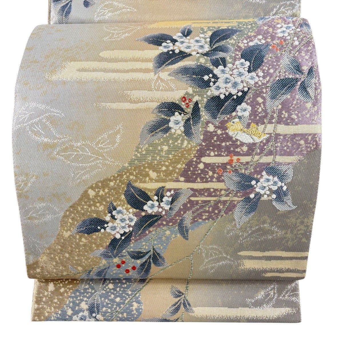【美品】 袋帯 秀品 やまと 草花 霞 金糸 箔 青灰色 六通 正絹 【中古】