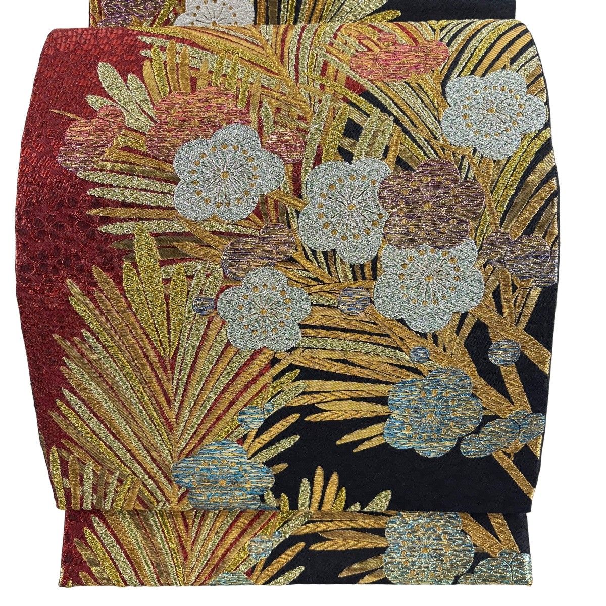 【美品】 袋帯 秀品 若松 枝梅 金糸 箔 黒 六通 正絹 【中古】