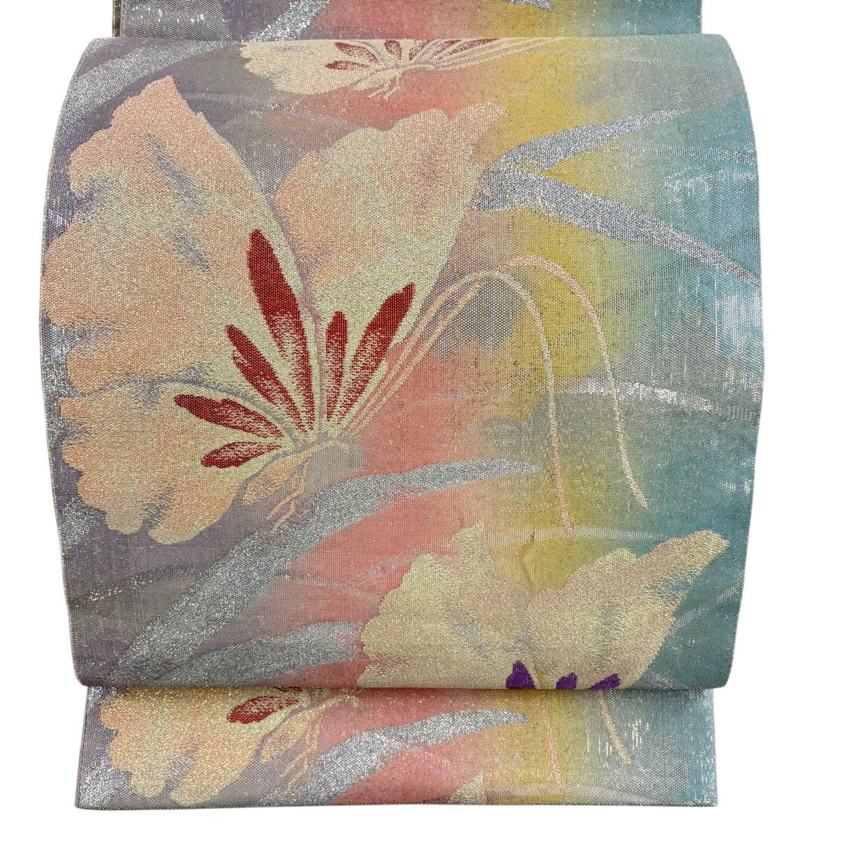 【美品】 袋帯 秀品 蝶 葉 箔 薄ピンク 六通 正絹 【中古】