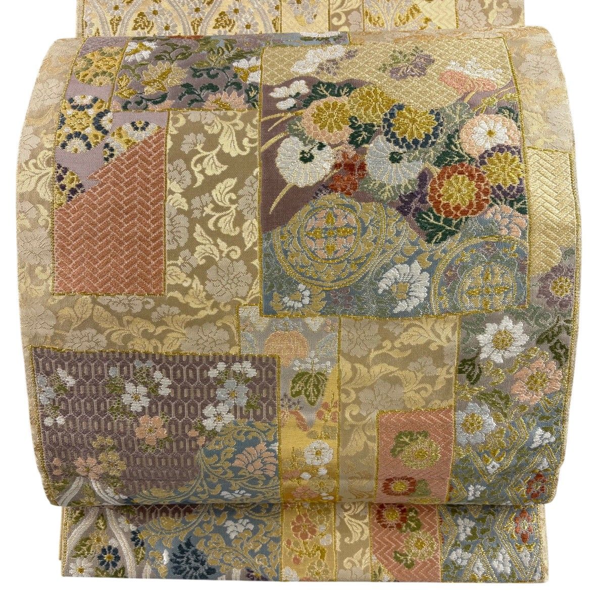 袋帯 秀品 色紙 草花 金糸 箔 ベージュ 六通 正絹 【中古】