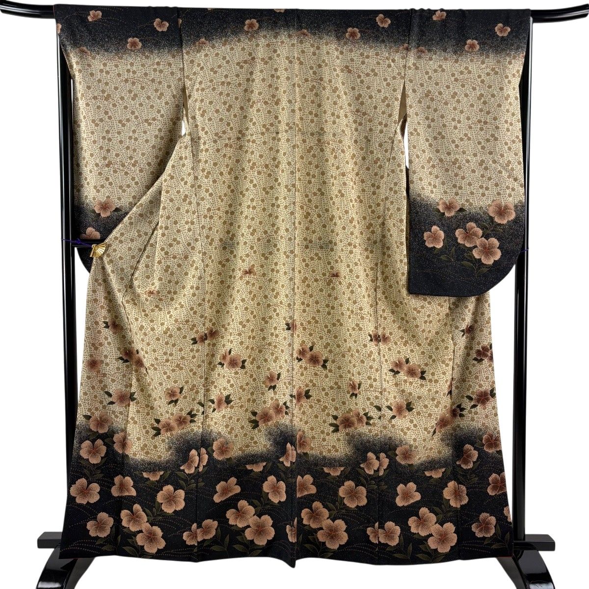 【美品】 振袖 身丈163cm 裄丈68cm L 袷 草花 染め分け 薄茶色 化繊 優品 【中古】