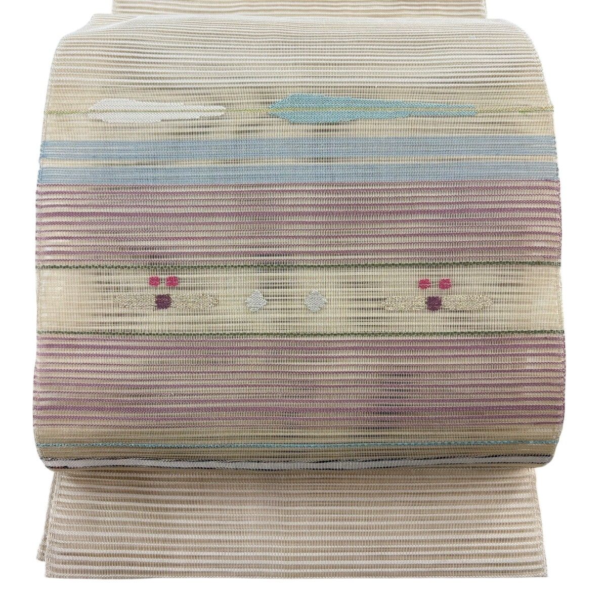 【美品】 名古屋帯 優品 八寸名古屋帯 夏帯 絽 縞 幾何学模様 箔 銀糸 ベージュ 正絹 【中古】