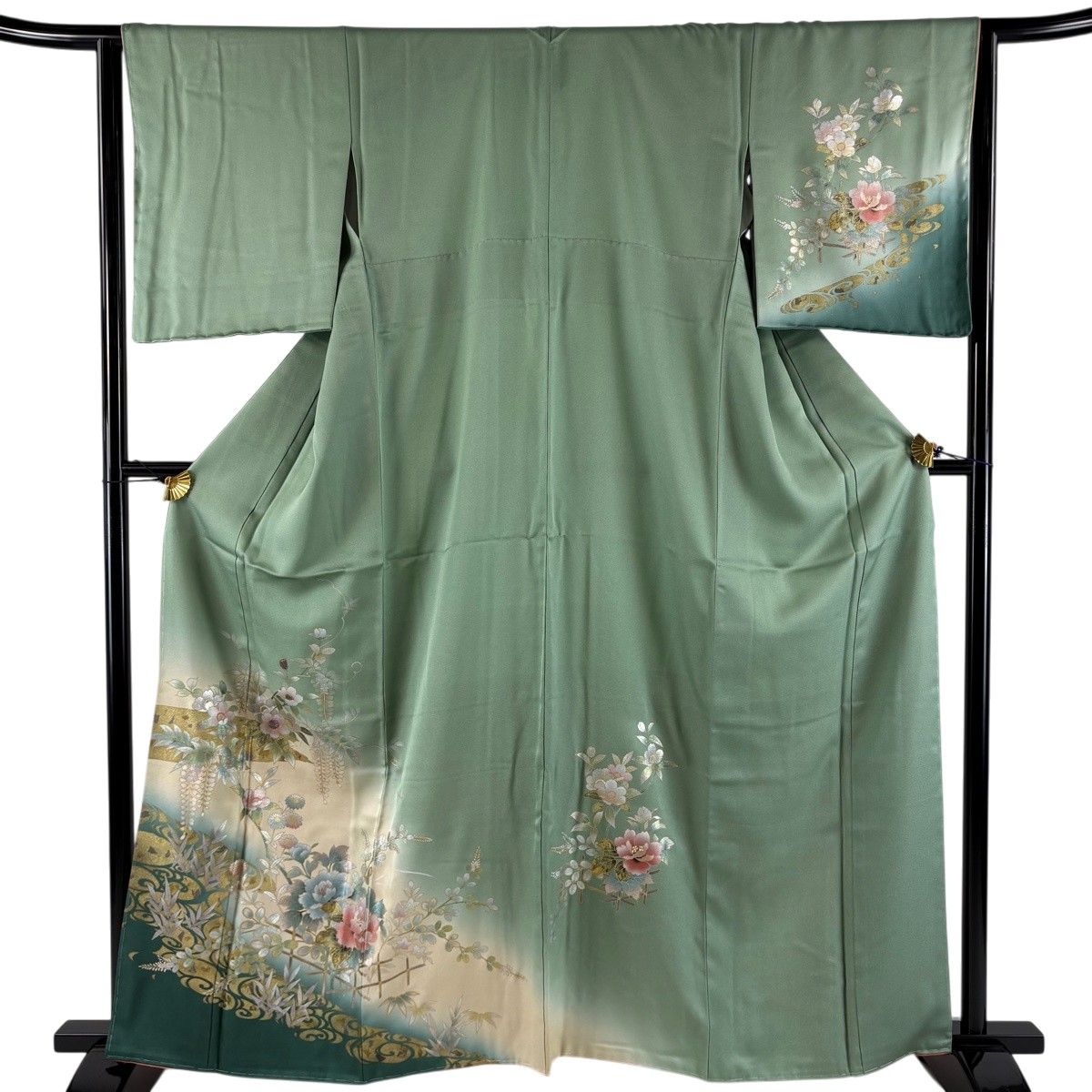 訪問着 身丈163cm 裄丈64cm M 袷 牡丹 流水 金銀彩 螺鈿 薄緑 正絹 秀品 【中古】