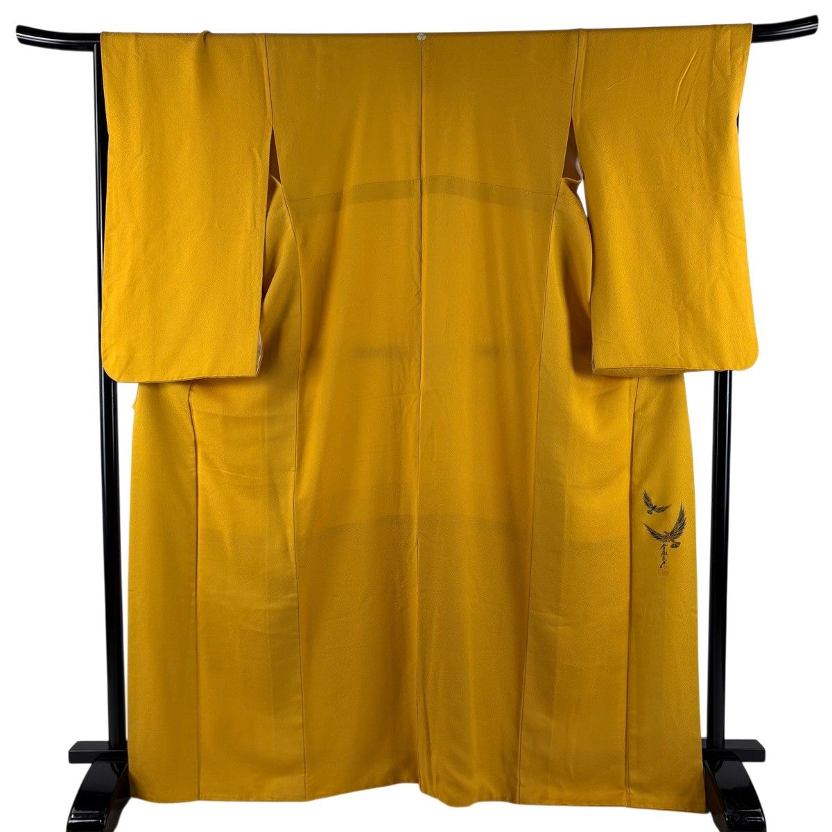 【美品】 色無地 身丈168cm 裄丈67cm M 袷 斉藤三才 落款 からし色 正絹 秀品 一つ紋 【中古】