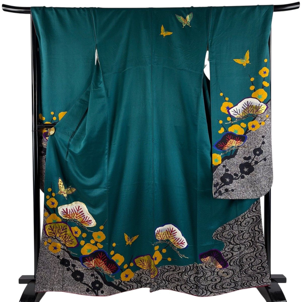 振袖 身丈163.5cm 裄丈68cm L 袷 笠松 蝶 金彩 染め分け 緑 正絹 秀品