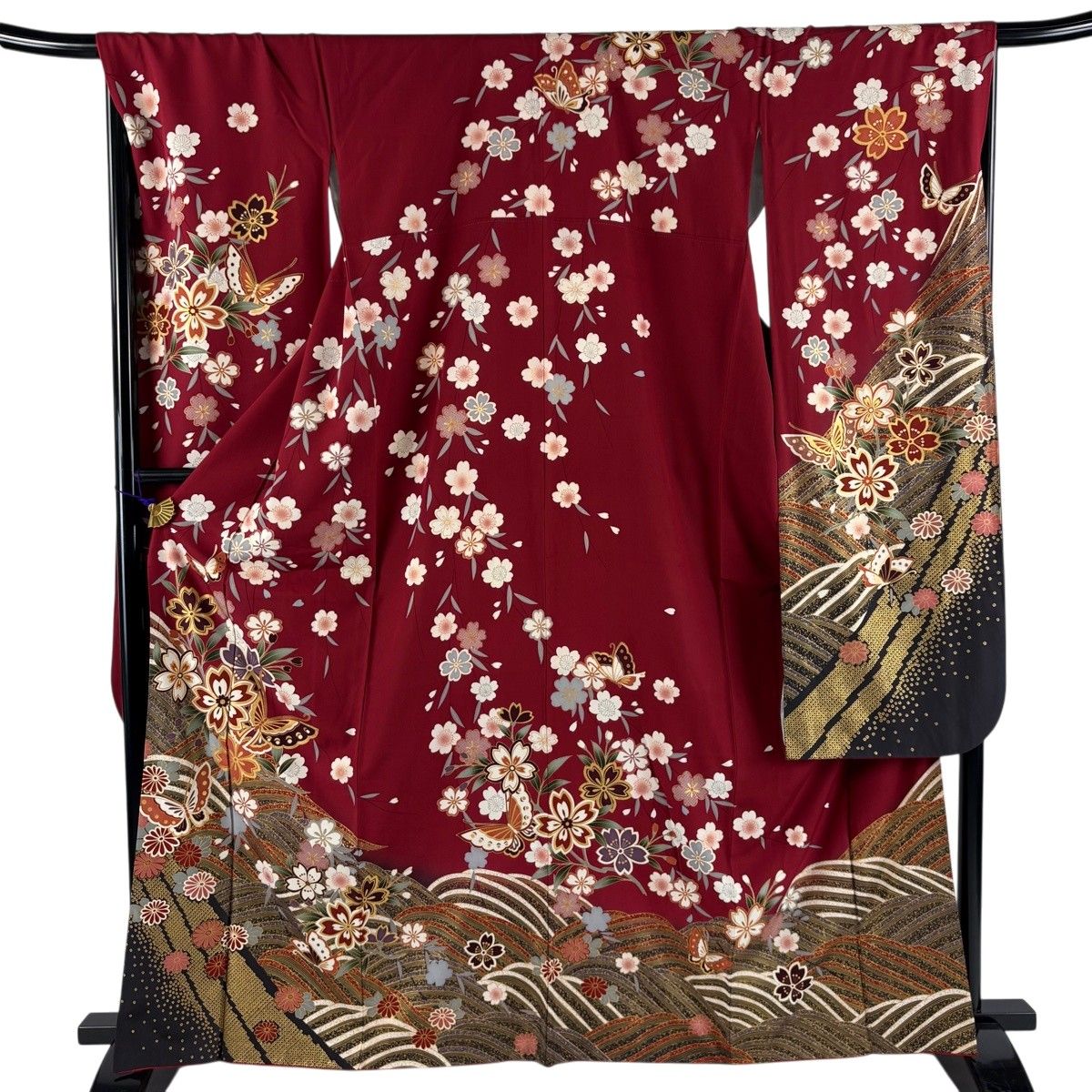 振袖 身丈164cm 裄丈69cm L 袷 蝶 桜 金彩 赤 正絹 秀品 【中古 振袖 身丈164cm 裄丈69cm L 袷 蝶 桜 金彩 赤 正絹 秀品 【中古