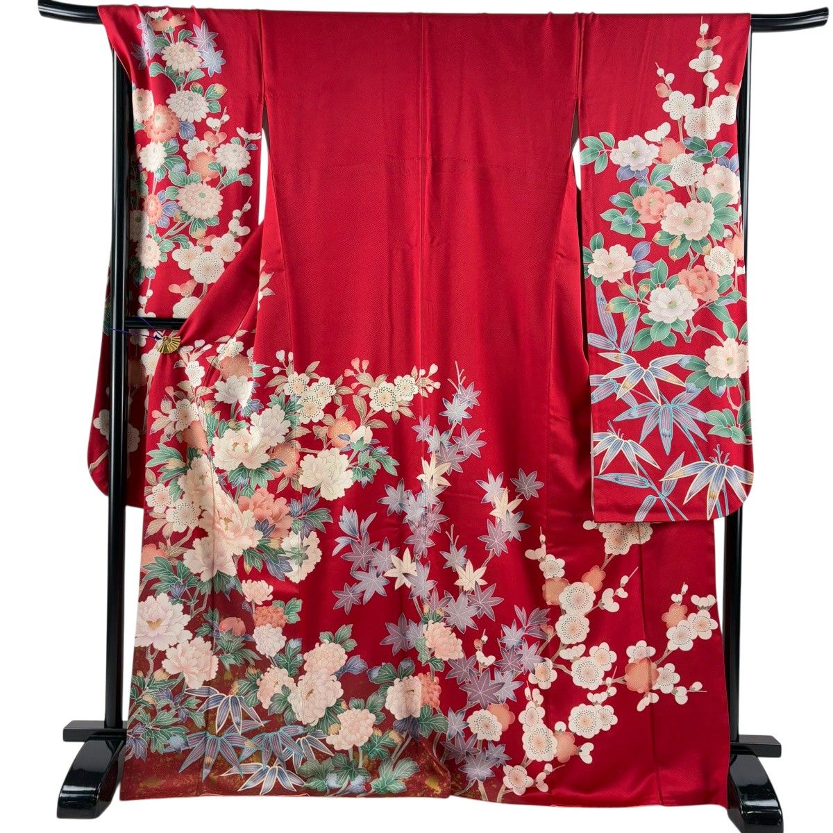 振袖 身丈170cm 裄丈69cm L 袷 牡丹 枝梅 金彩 ぼかし 赤 正絹 秀品 【中古】