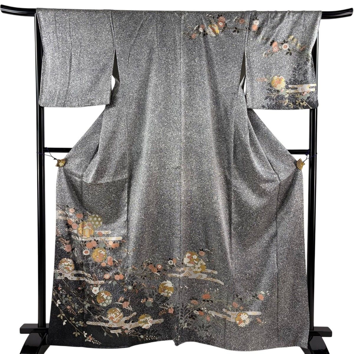 訪問着 身丈163.5cm 裄丈68cm L 袷 雪輪 松梅 金彩 黒灰 正絹 秀品 【中古】