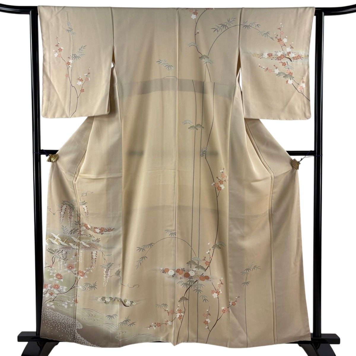 訪問着 身丈160cm 裄丈63cm S 袷 やまと 鶴 桜 金彩 金糸 ベージュ 正絹 秀品 【中古】