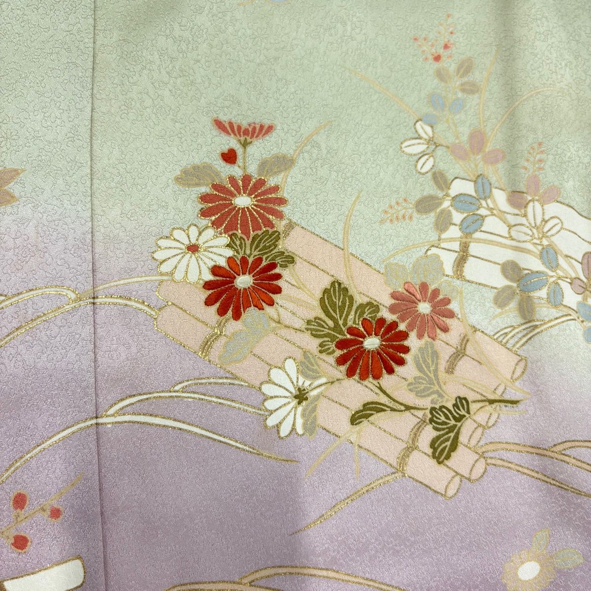 訪問着 身丈163cm 裄丈65cm M 袷 花筏 波 刺繍 金彩 薄緑 正絹 秀品