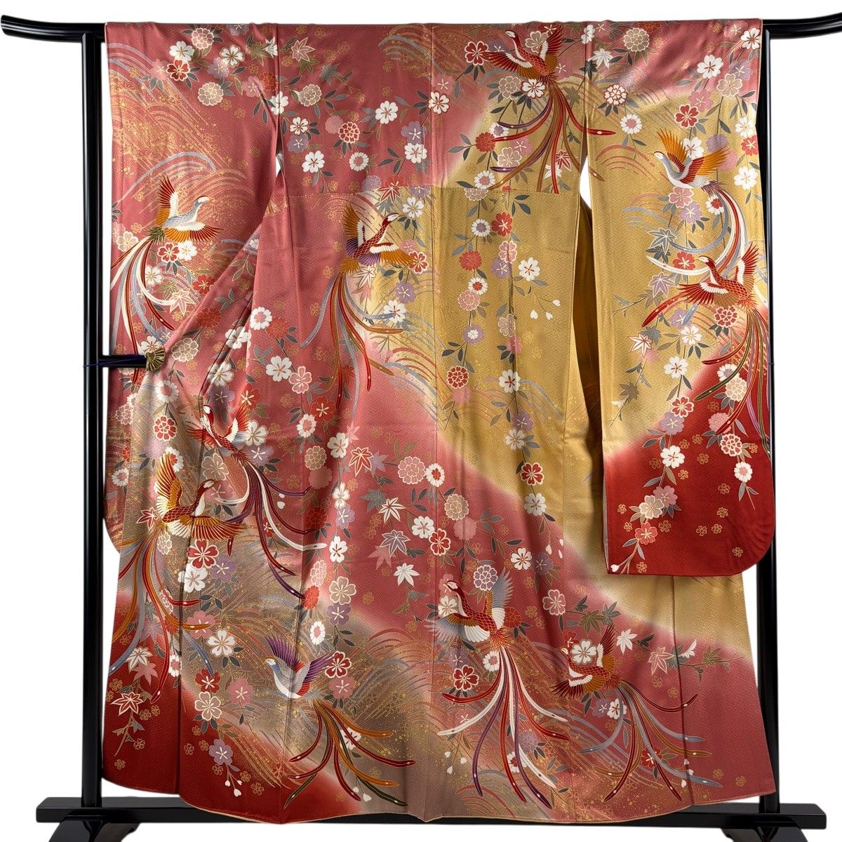 振袖 身丈157cm 裄丈63.5cm S 袷 尾長鳥 桜 金 金彩 ピンクベージュ 正絹 秀品 【中古】