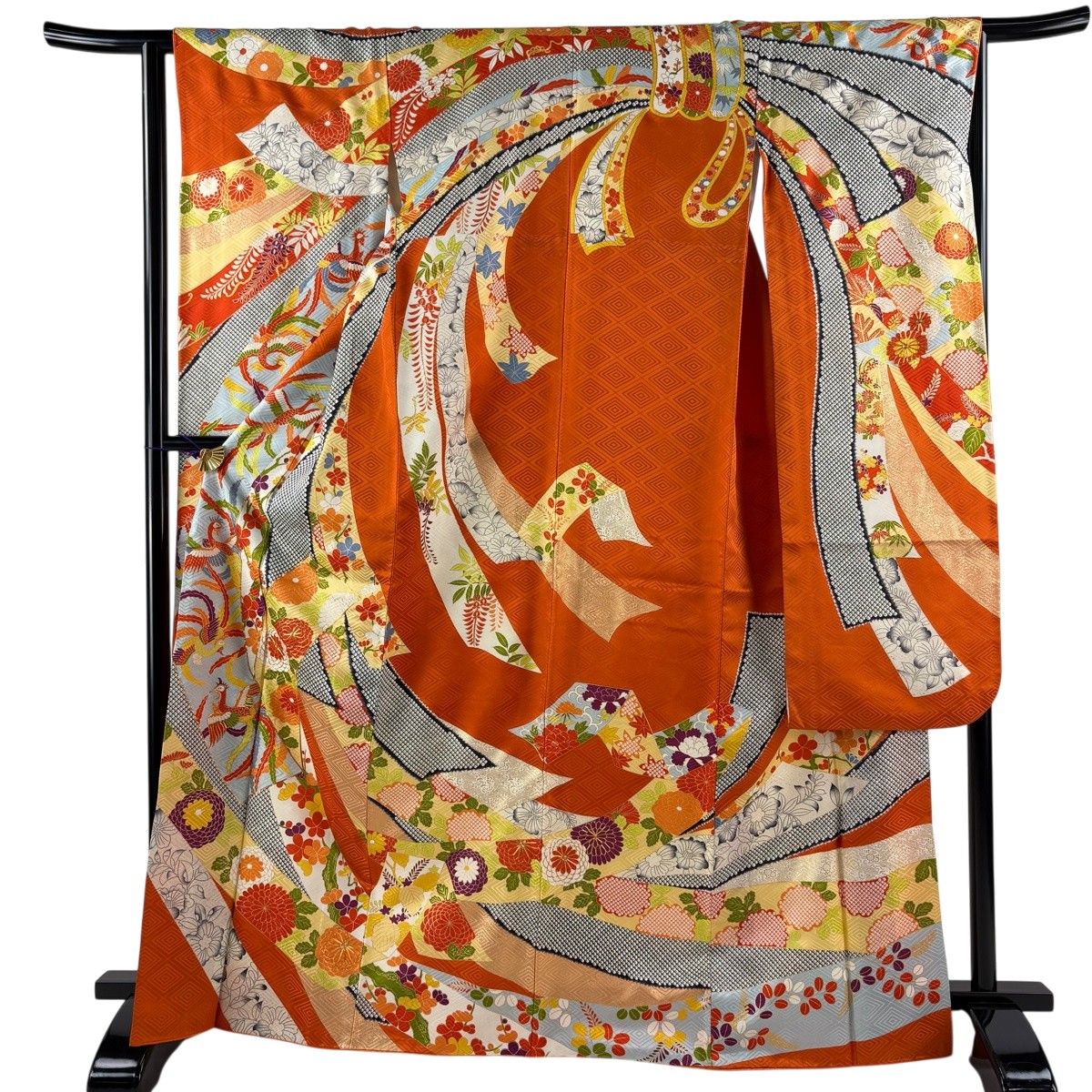 振袖 身丈167cm 裄丈64cm M 袷 鳳凰 菊 金彩 金糸 オレンジ 正絹 秀品 【中古】