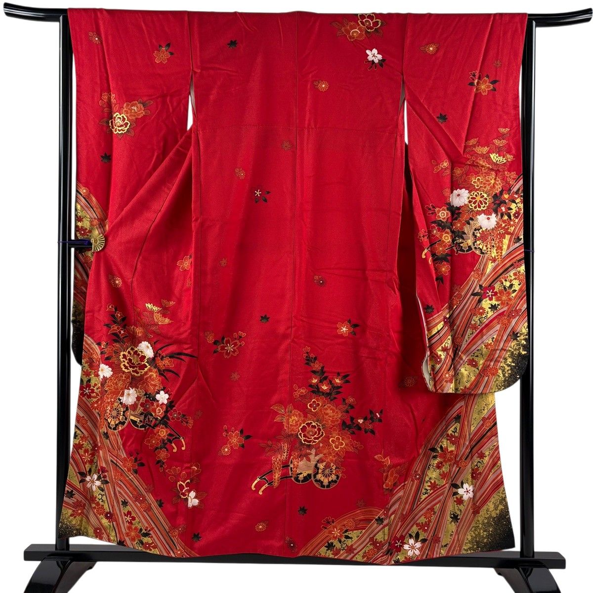 振袖 身丈155.5cm 裄丈64cm M 袷 花車 桜 銀通し 金彩 赤 正絹 秀品 【中古】
