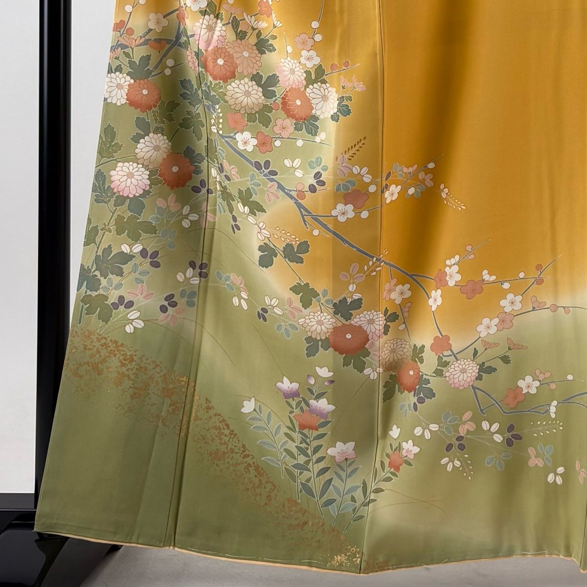 訪問着 身丈162cm 裄丈65cm M 袷 菊 枝梅 金彩 染め分け オレンジ 正絹
