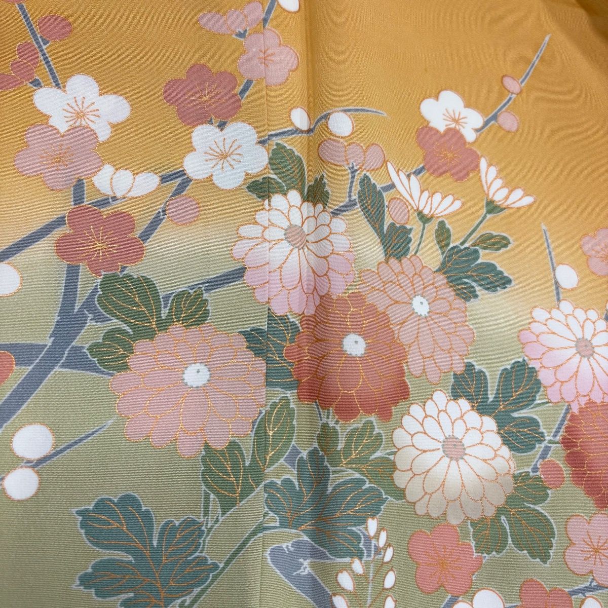着物　単衣　焦茶系　花黄八　身丈162cm しつけ付き 訪問着 身丈162cm 裄丈65cm M 袷 菊 枝梅 金彩 染め分け オレンジ 正絹 着物・浴衣