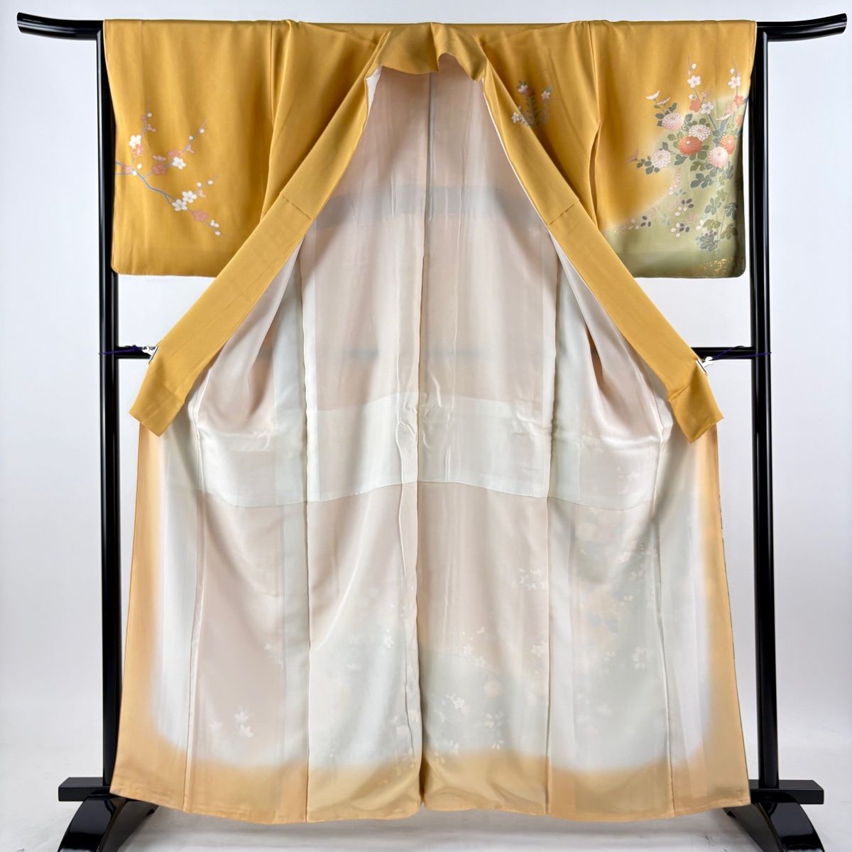 訪問着 身丈162cm 裄丈65cm M 袷 菊 枝梅 金彩 染め分け オレンジ 正絹