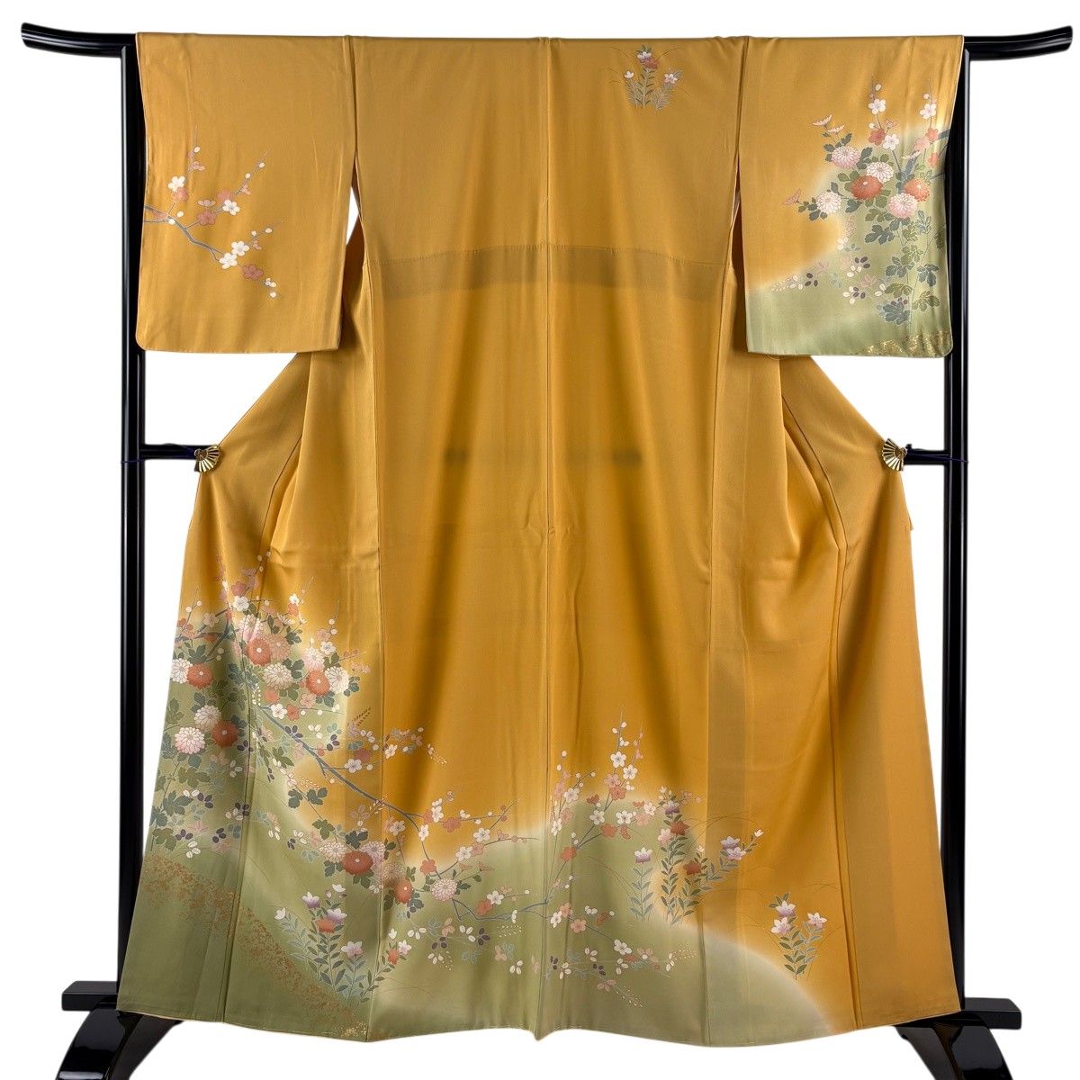訪問着 身丈162cm 裄丈65cm M 袷 菊 枝梅 金彩 染め分け オレンジ 正絹 秀品 【中古】
