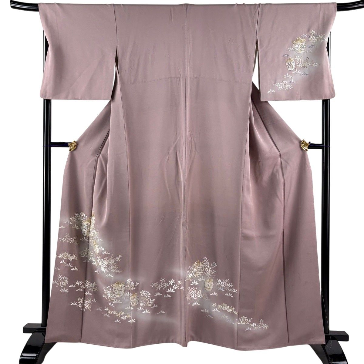 訪問着 身丈165cm 裄丈69cm L 袷 お仕覆 草花 金糸 刺繍 薄紫 正絹 秀