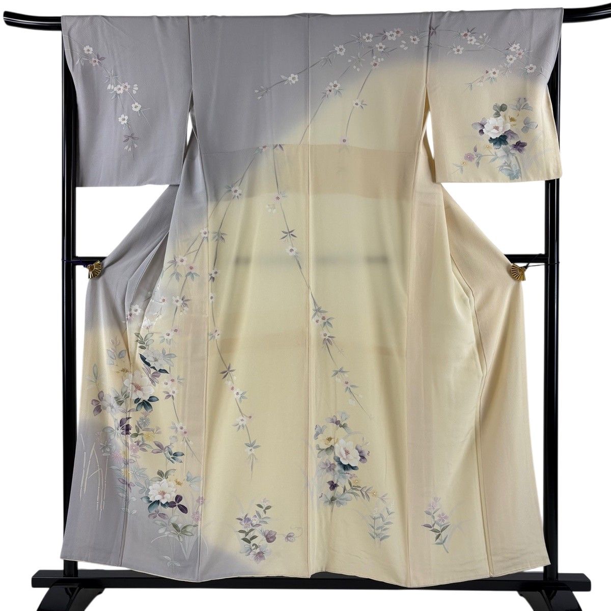 訪問着 身丈154cm 裄丈67.5cm L 袷 草花 染め分け ベージュ 正絹 秀品