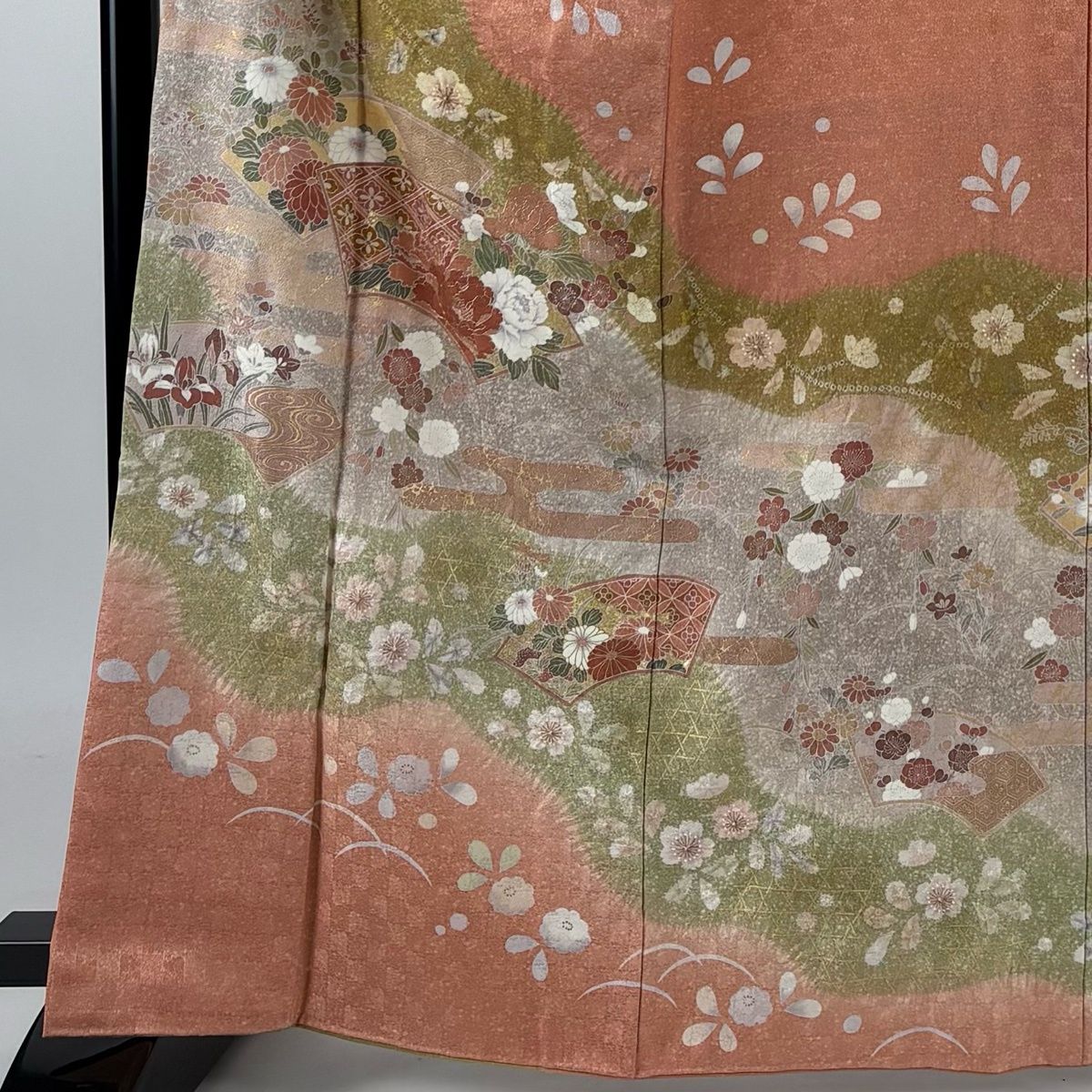 美品】 訪問着 身丈164cm 裄丈65.5cm M 袷 扇面 草花 金彩 絞り ピンク