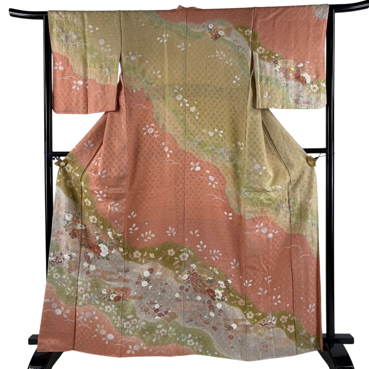 美品】 訪問着 身丈164cm 裄丈65.5cm M 袷 扇面 草花 金彩 絞り ピンク
