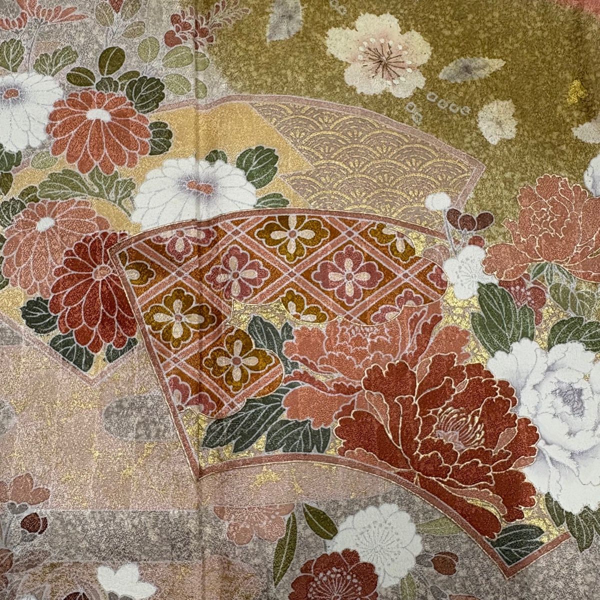 美品】 訪問着 身丈164cm 裄丈65.5cm M 袷 扇面 草花 金彩 絞り ピンク