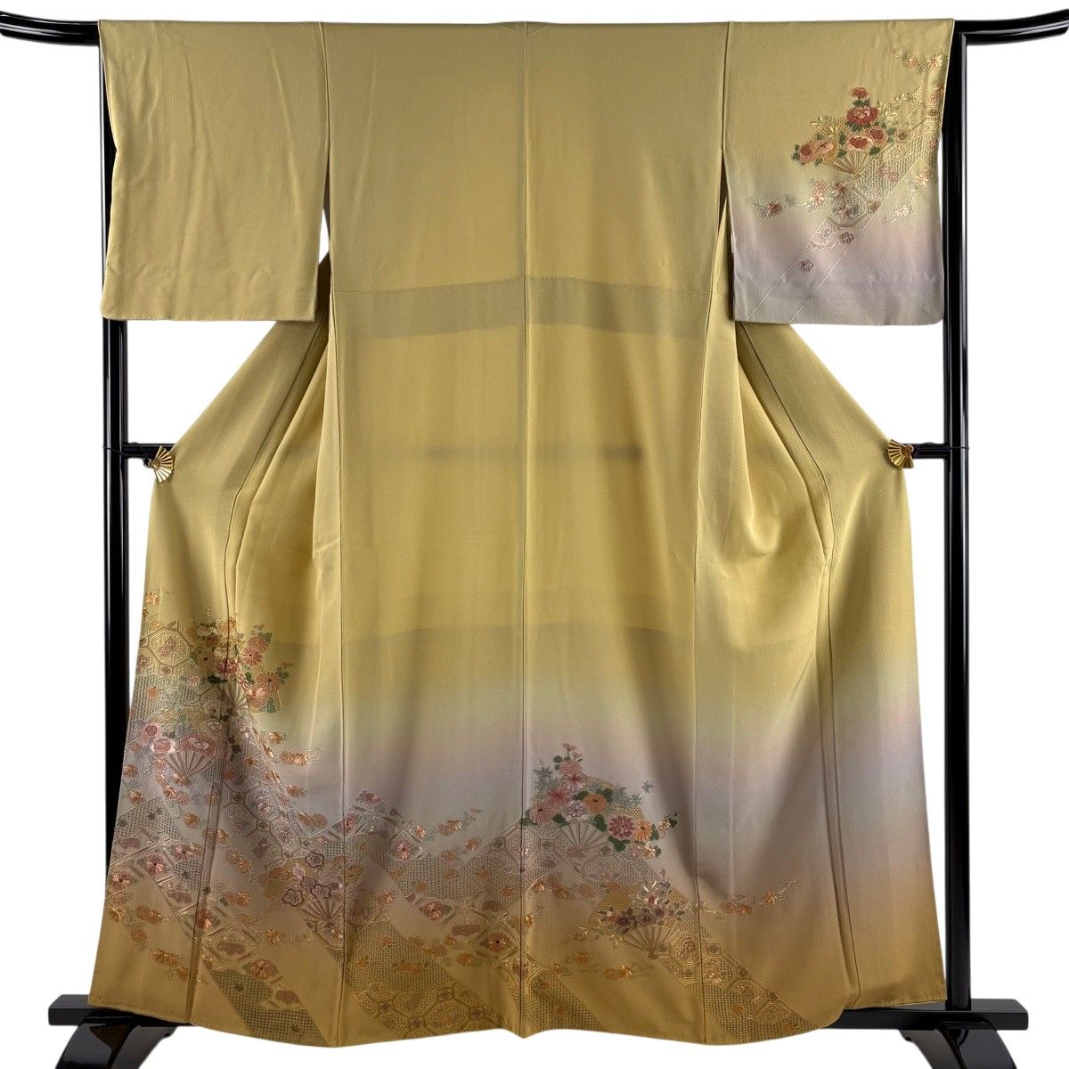 訪問着 身丈161cm 裄丈66cm M 袷 扇 草花 刺繍 銀糸 黄土色 正絹 秀品 【中古】 6,512円