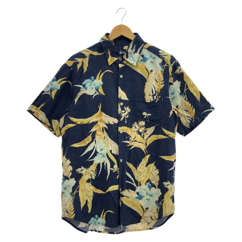 【中古】90s STUSSY アロハシャツ サイズL ネイビー ステューシー 花柄[19]