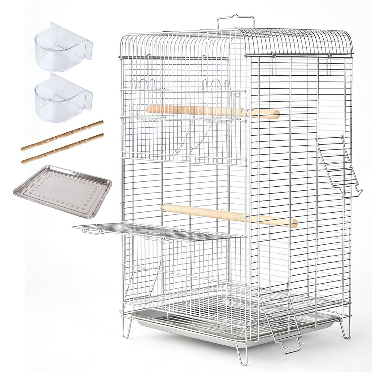 TUIYIDUO【新登場】組み立て簡単な中小型鳥かご 鳥かご インコ ケージ ステンレス製 1.3cm間隔 7つ開口 大型前扉 給餌小窓 実用性と美しさ バードケージ 引き出しトレー1枚・止まり木2本・食器2個セット お手入れしやすい 工具不要で組立簡単 飼育 8,583円