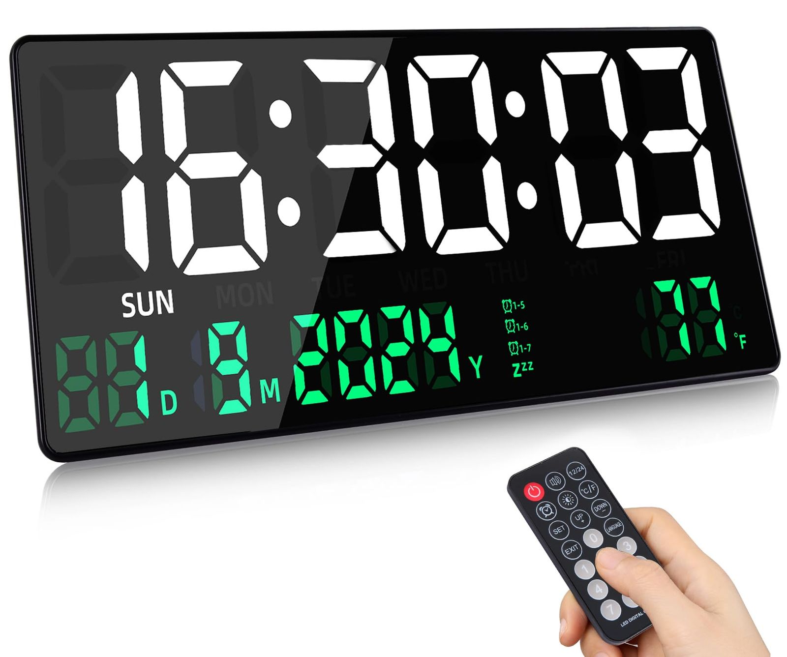 デジタル時計 大型 時分秒を表示 目覚まし時計 15.5インチ 掛け時計 LED時計 リモコン付 置き掛け兼用 明るさ調節 アラーム タイマー付き 月/日/温度/時刻表示 12H/24H 大画面 多機能 静音 USB給電 3M電源コード リビング/オ 国内発送