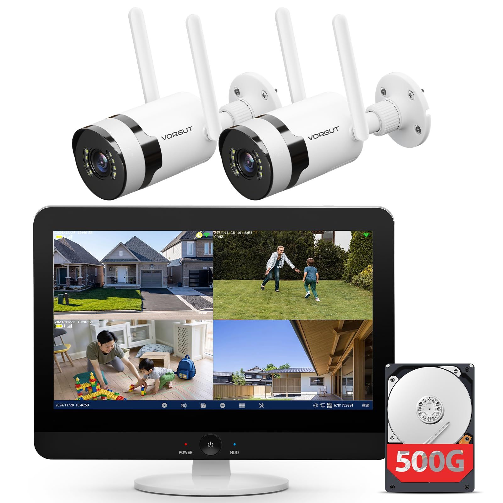 ☆新品☆【800万画素・5年保証】VORGUT 防犯カメラ 屋外 モニター付き 無線 4K 防犯カメラ 屋外 ワイヤレス 2.4G＆5Ghz WiFi対応 監視カメラ 屋外 2台セット 遠隔操作対応 防水等級IP66 AI動体検知 最大16台 bfbce110
