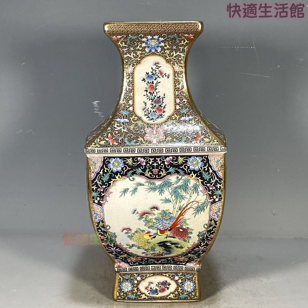 清乾隆琺瑯彩花鳥図紋四方賞瓶 景徳鎮 陶磁器 装飾品 工芸品 美術品