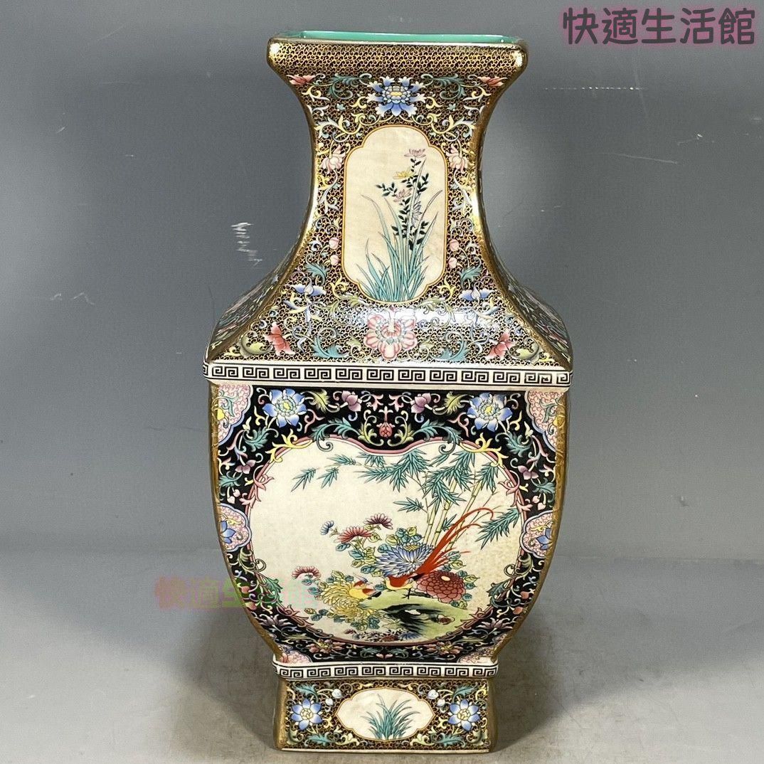 美術品・アンティーク・コレクション 清乾隆琺瑯彩花鳥図紋四方賞瓶 景徳
